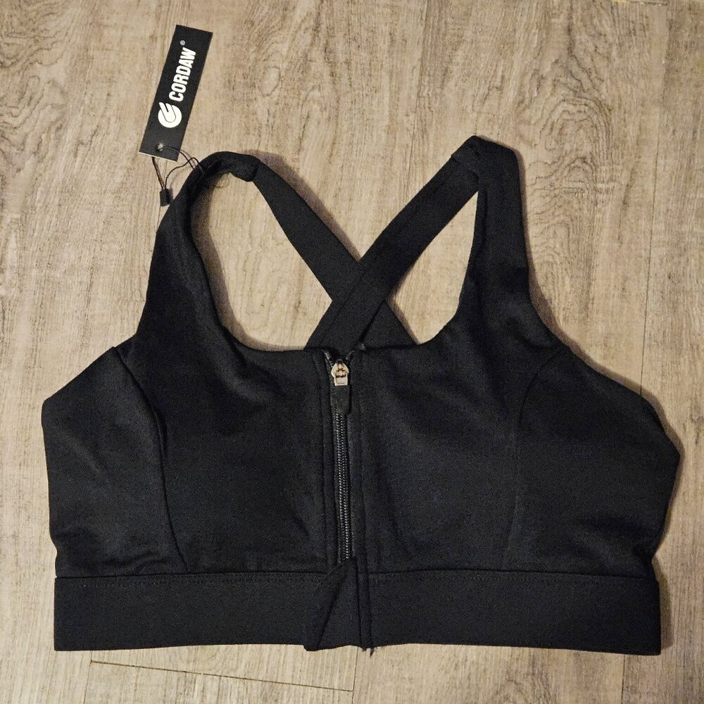 Cordaw Black Sports Bra Front Zipper NWT
